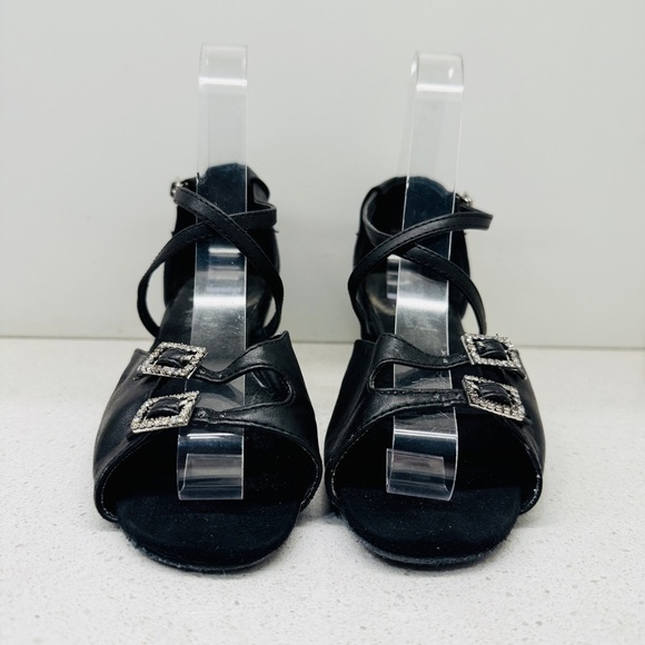 Comfort Dance Shoes The Strappy Black Leather Strappy Block Heel Salsa Sz 5.5 - Picture 3 of 14